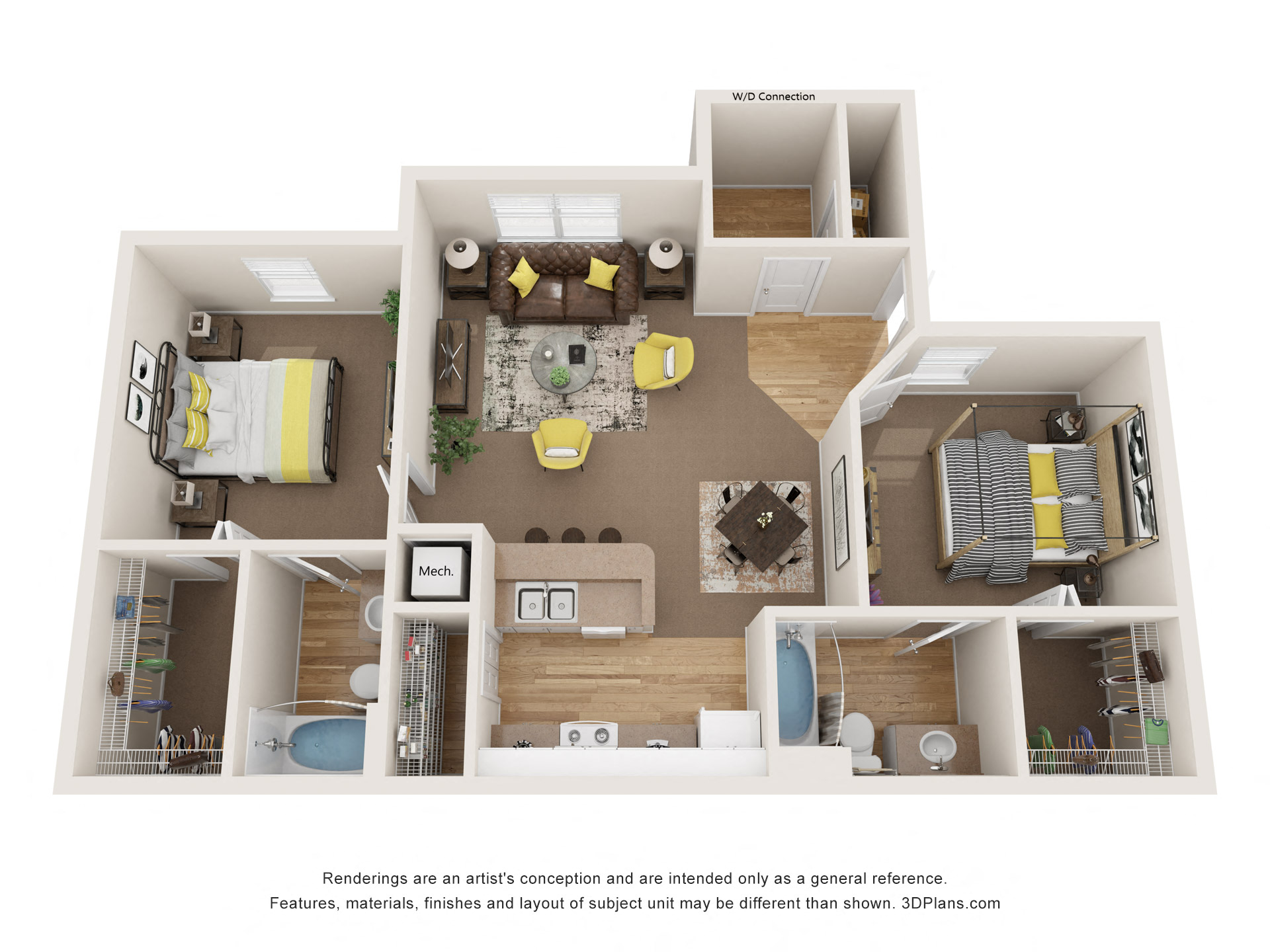 2BD/2B Floor Plan at Oak Glen Apartments, Florida, 32808